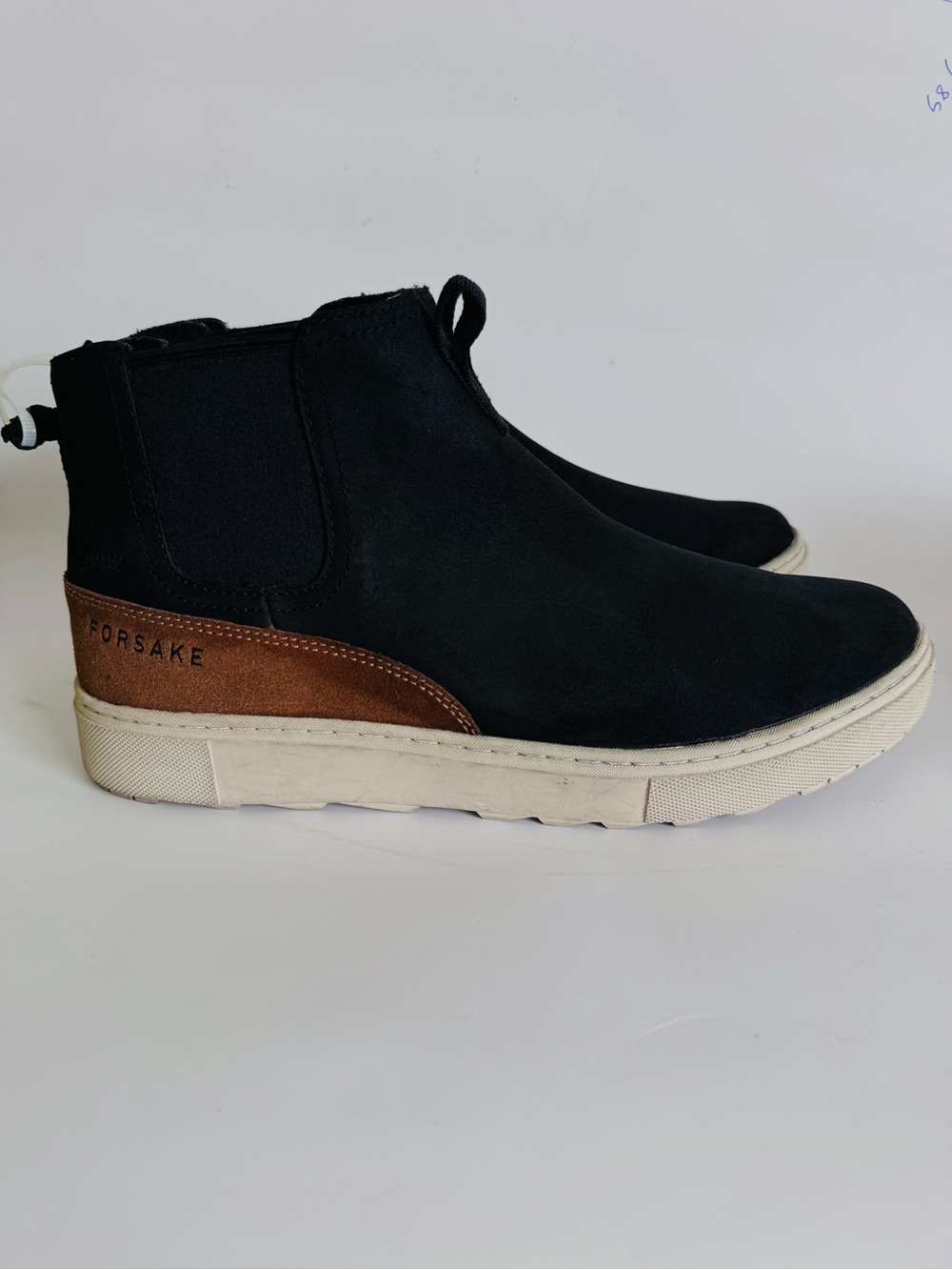 Forsake Black Suede Chelsea Sneaker Boot with Brown Heel Accent